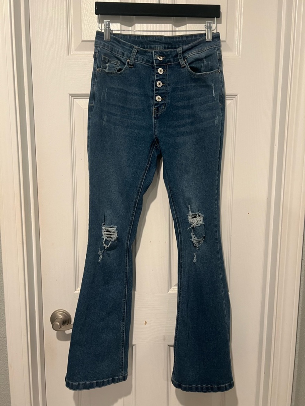 High-Rise Dark Blue Distressed Flare Jeans